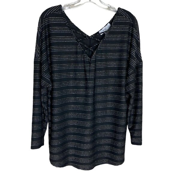 MOA MOA NWT Black Blouse Metallic Glitter Stripe Gold Silver Women's PLUS Sz 1X - Picture 1 of 6